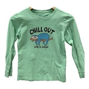 Life is Good Youth Boys Size Large Long Sleeve Green  T‎ Shirt Chill Out Sloth